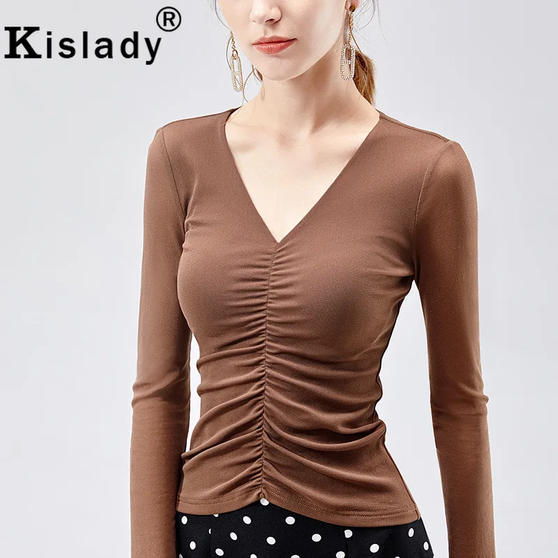 

Kislady 2019 Autumn Women's Guaze Sexy Deep V-Neck Tshirts Stretchable Pleated OL Slim Bottoming Tops Plus Size Gothic Clothes