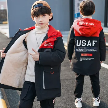 

Winter Patchwork Warm Thicked Fleece Child Long Coat Letter Print Baby Boys Jackets Waterproof Children Outerwear 4-14 Years Old