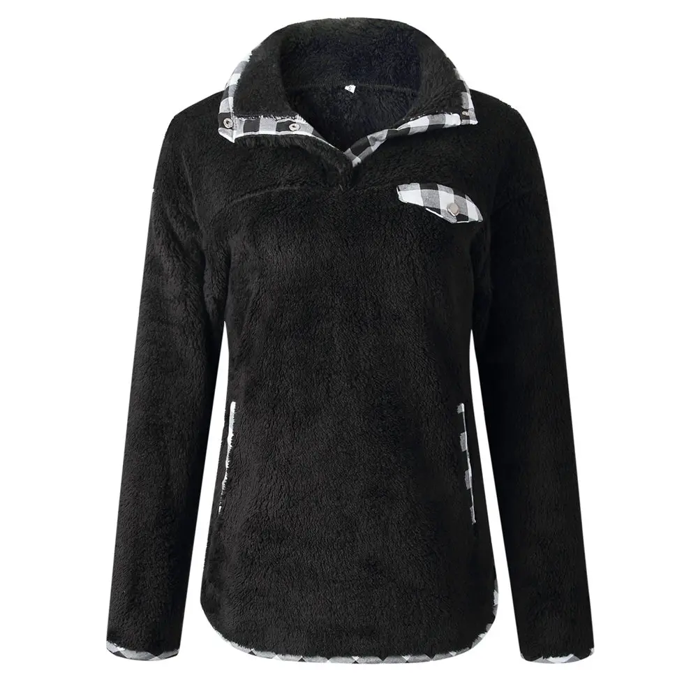 Зимний пушистый свитер шерпа флисовый плед водолазка пуловеры большой карман Теплые Топы женские осенние повседневные пушистые свитера - Цвет: black