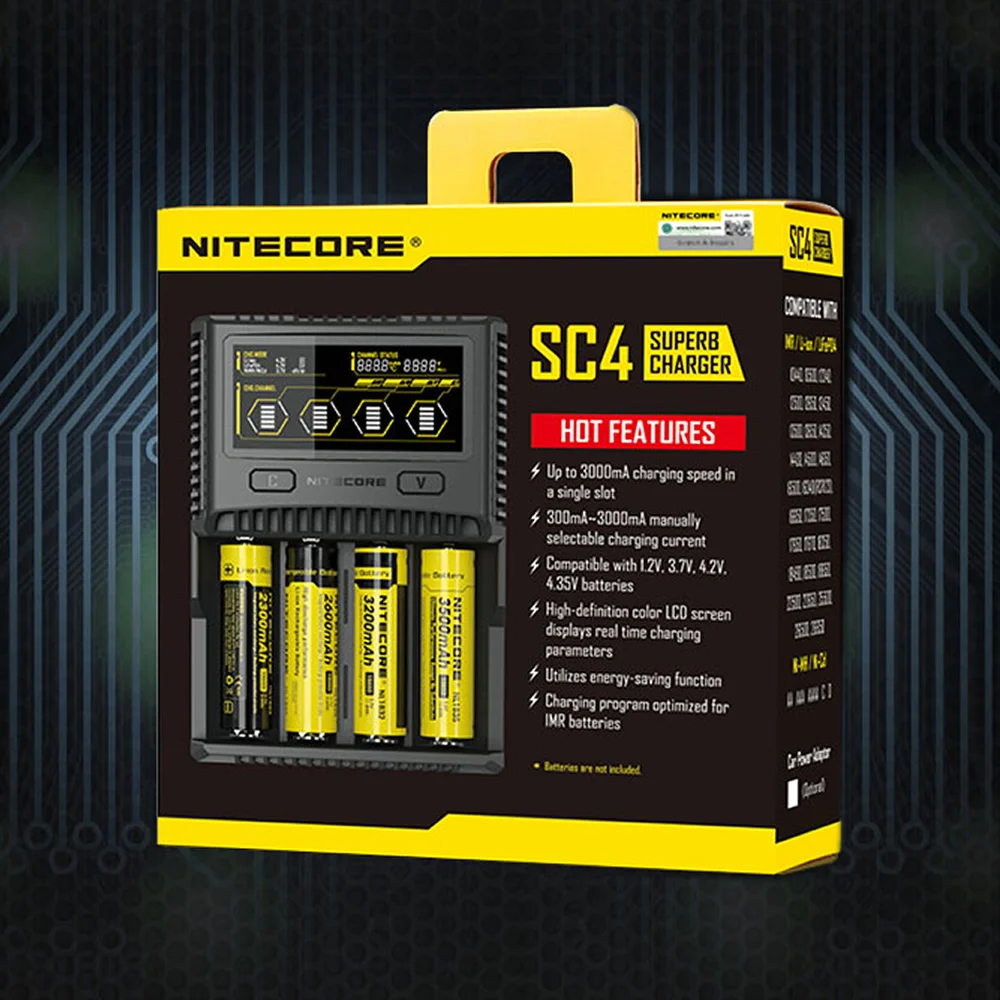 NITECORE SC4 интеллектуальное зарядное устройство для быстрой зарядки превосходное зарядное устройство с 4 слотами 6A общий выход совместимый IMR 18650 14450 16340 AA аккумулятор
