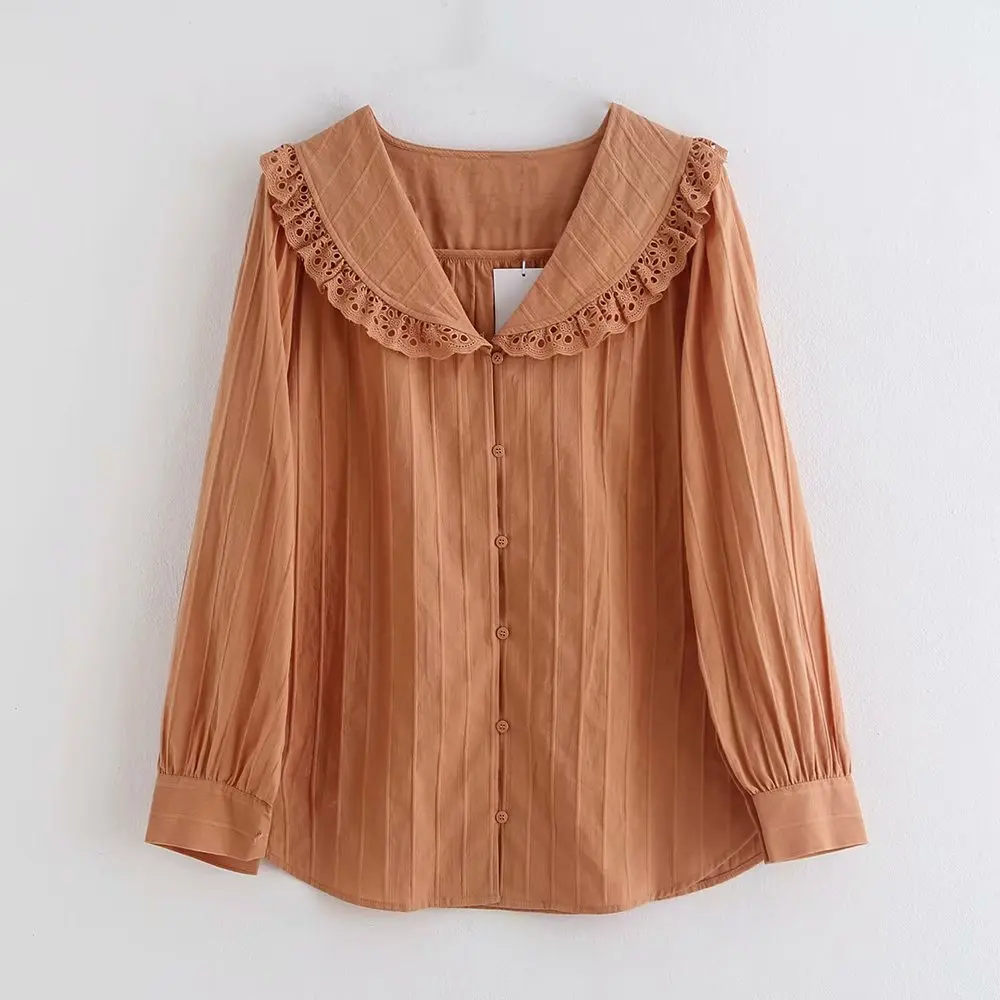 Однотонная женская рубашка с v-образным вырезом и вышивкой, с оборками, осень, для отдыха, женская блузка с длинными рукавами, свободные топы, S6313