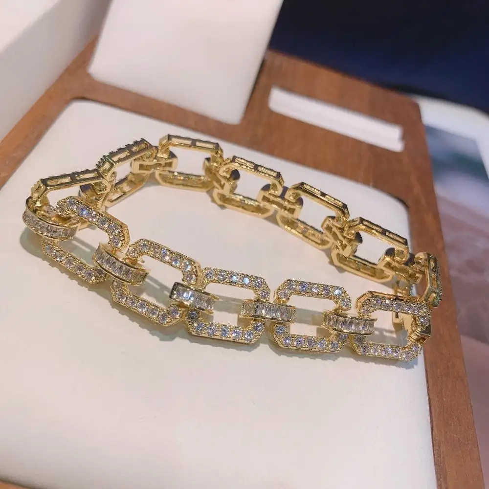 HIBRIDE Square Link Chain Bracelet Bangles Cubic Zircon CZ Vintage Bohemian Cuff Bracelets For Women Femme Fashion Jewelry B-155 - Image 4