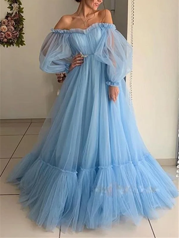light blue Розовое голубое Сетчатое милое платье для дня рождения, вечернее женское сексуальное платье без бретелек с открытыми плечами и длинным рукавом, платье в пол - Цвет: light blue