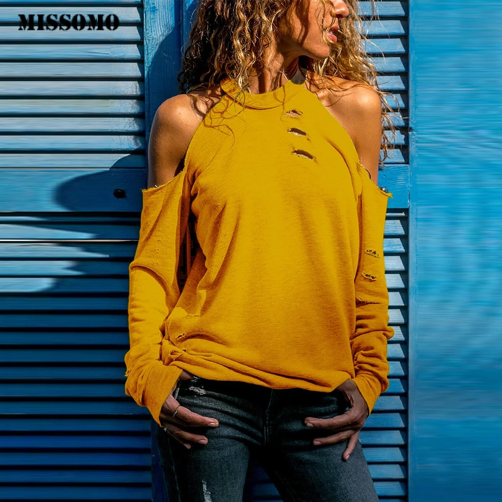 

MISSOMO T Shirt Women Sexy Off Shoulder Long sleeve Ladies Tops Streetwear Halter neck Holes Tshirt Hollow Out Loose T-shirt 10