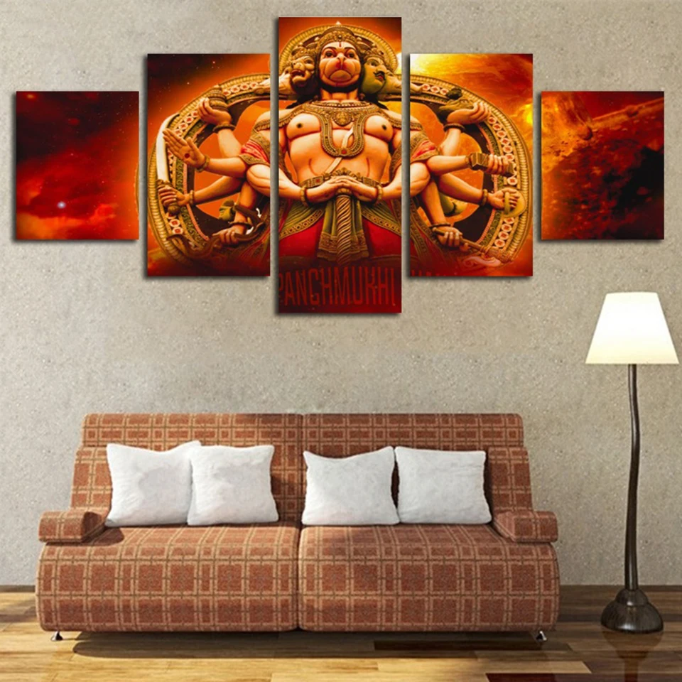 Современные холщовые постеры для украшения дома 5 панель Shri Panchmukhi Hanuman гостиная