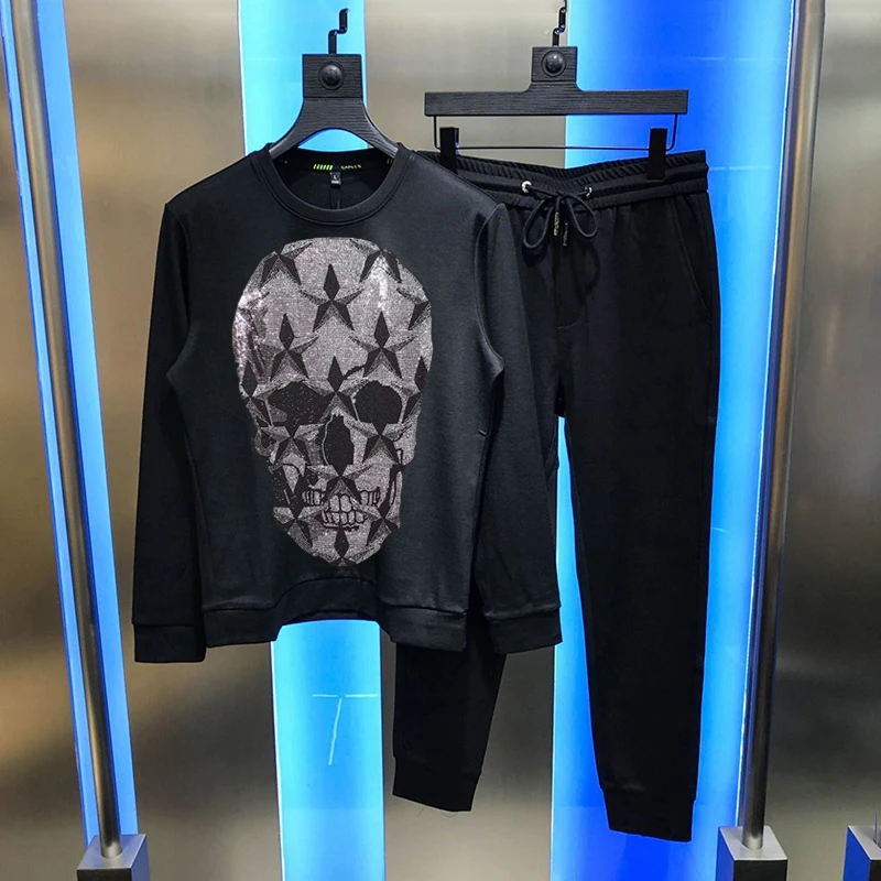 New Craft Shiny Skull Winter Men's Sets Hoodie Hot Diamond Track Suit Warm Fabric Sweatshirt And Pants