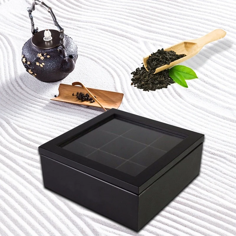

Wooden 9 Grids Tea Box Tea Bags Container Storage Box Square Gift Box Case Transparent Glass Top Lid 23X23X9Cm-Red Wine