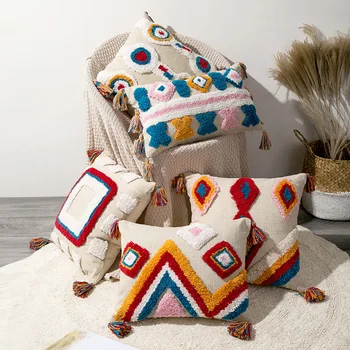 

Mediterranean Style Pillow Case Colored Geometric Flowers Pillow Cover Tufted Embroidered Pillowcase Cotton Linen Home Decor