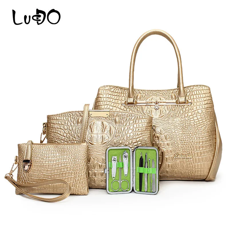 

LUCDO 2018 New Designer Luxury Handbags Brand 4pcs/set Women Alligator Tote Bags Evening Fashion PU Leather Composte Female Bags