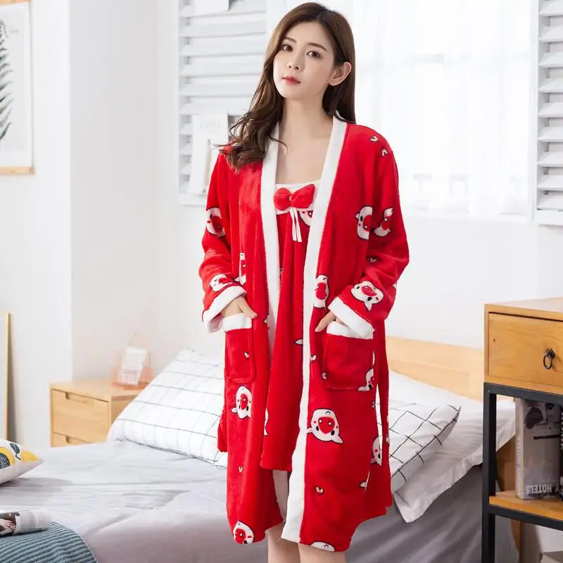 Мягкая пижама с принтом для женщин, комплект домашней одежды из 2 предметов, халат, комплект для сна, теплая ночная рубашка с бантом, зимняя Пижама, красный халат, домашняя одежда - Цвет: Style F