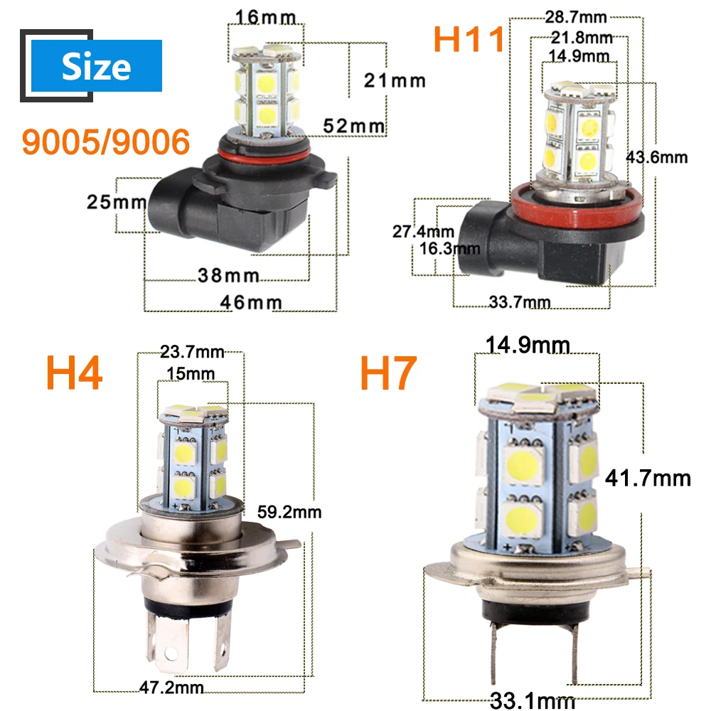1 шт. DC12V H4 5050 13 SMD светодиодный H3 H1 9005 9006 H11 H7 автомобиля внешние головной