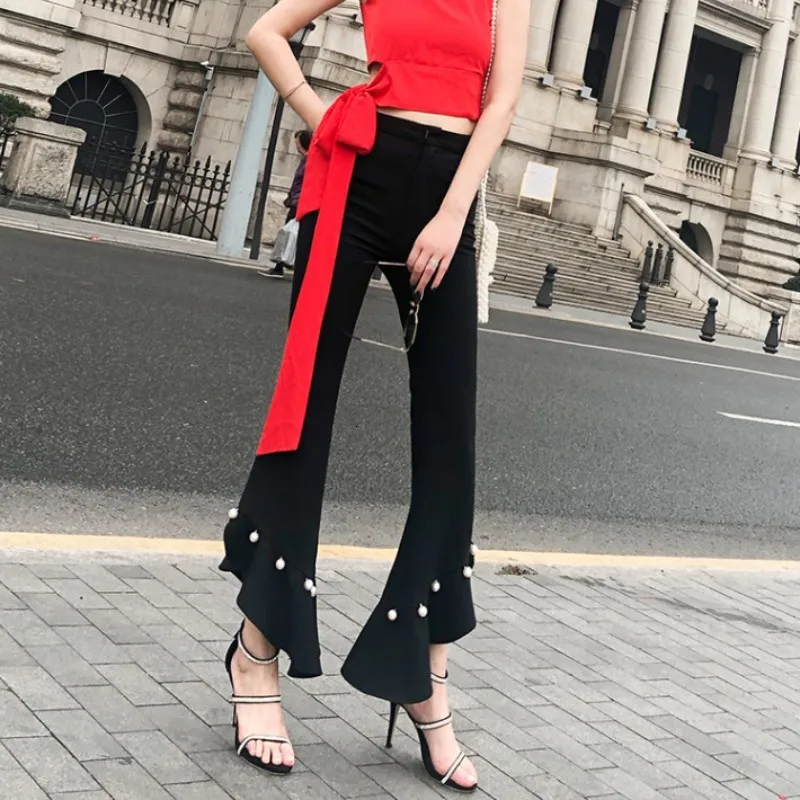 Summer White Women Flare Pants Pearls Ruffles Fishtail Pants Slim Fit Long Trousers Office Ladies High Waist Bell-bottomed Pants