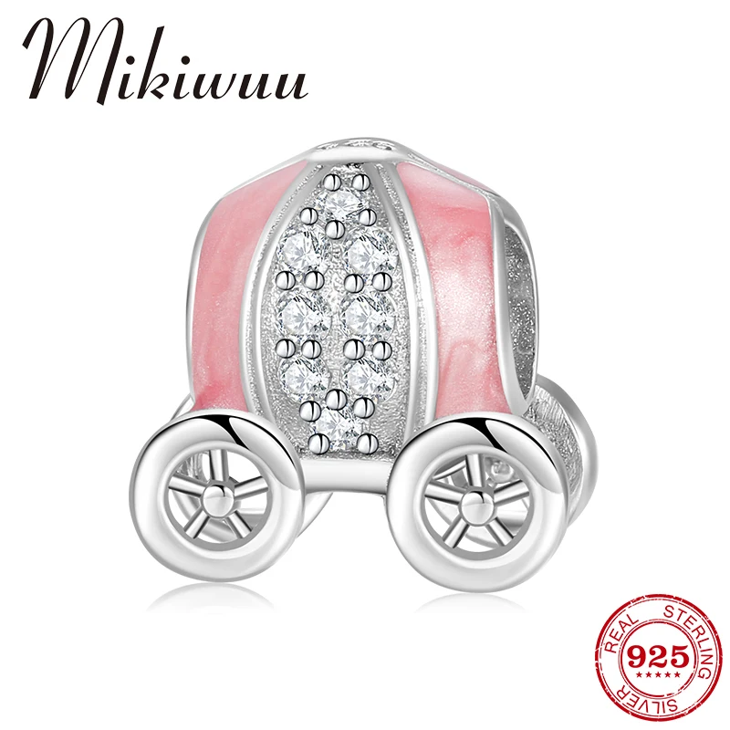 

Princess Cinderella Pumpkin Car Charm Pink Enamel CZ 925 Sterling Silver Beads DIY fits European Women Bracelet Fine Jewelry