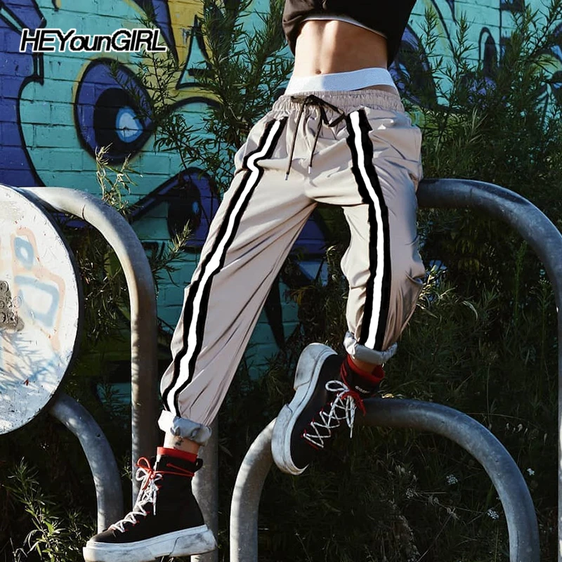 

HEYounGIRL Hip Hop Harajuku Reflective Pants Women Patchwork Elastic High Waist Trousers Casual Harem Pants Capri Streetwear