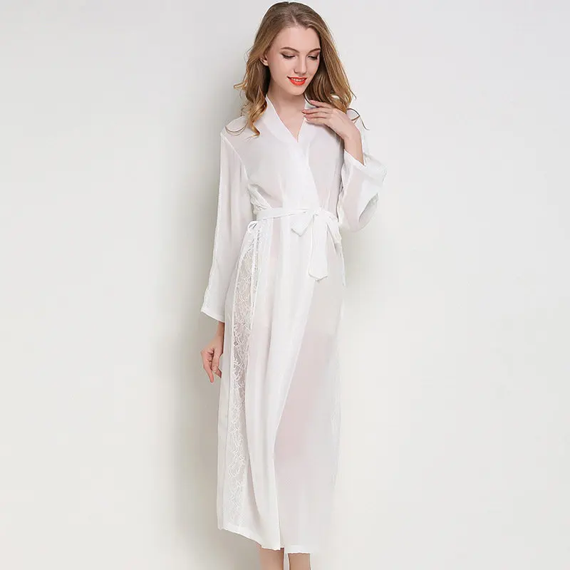 Women Satin Silk Sleeping Robe Lace Chiffon Sexy Bathrobes Female Sexy V-Neck Long Style Kimono Factory Outlet 6226