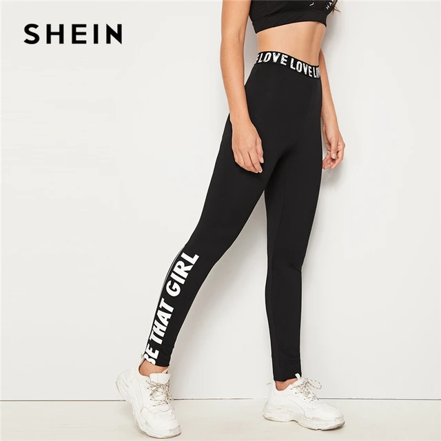 US $10.00 SHEIN Black Slogan Print Leggings Women Bottoms 2019 Autumn Elastic Waist Active Wear Leisure Skinn