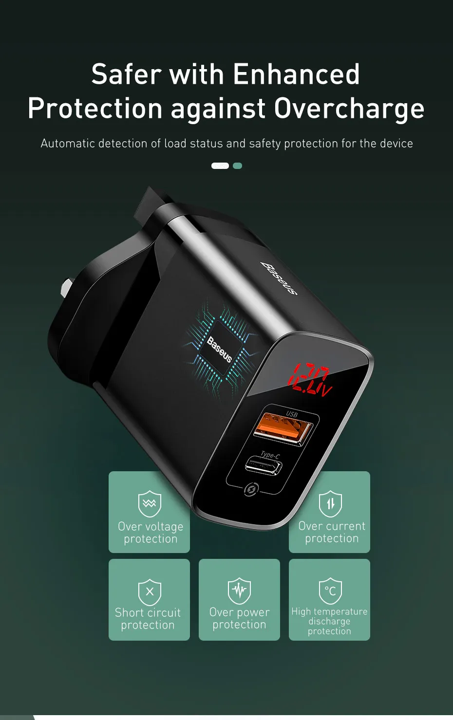 Зарядное устройство Baseus с цифровым дисплеем Quick UK Charge 3,0 USB, 18 Вт, PD 3,0, быстрое зарядное устройство для iPhone 11, зарядное устройство для мобильного телефона, USB C, зарядное устройство
