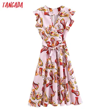 

Tangada fashion women print pink midi dress ruffles v neck ruffles short sleeve ladies summer chiffon dress vestidos 2F08