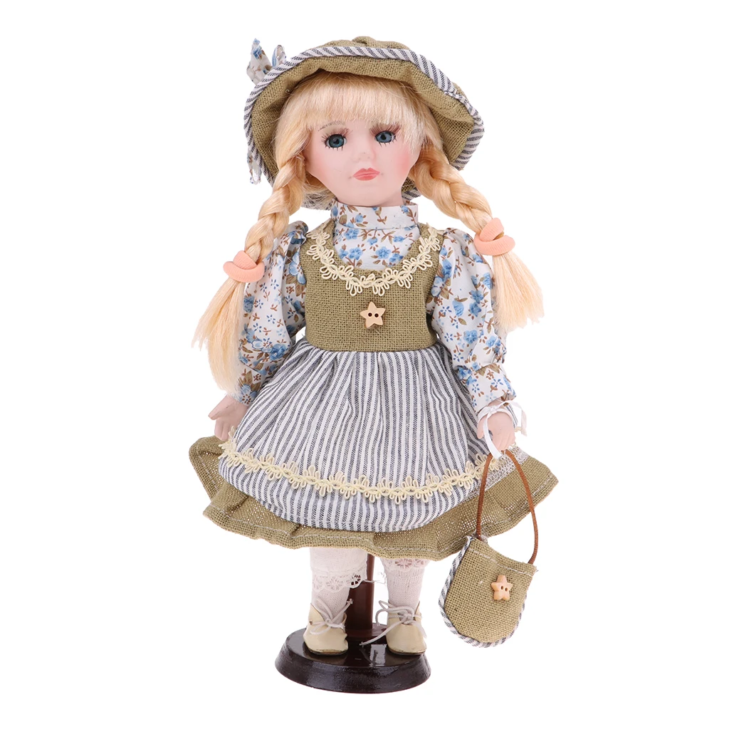 30cm Porcelain Doll Victorian Girl Standing Figures with Wooden Stand Kids Adult Collections