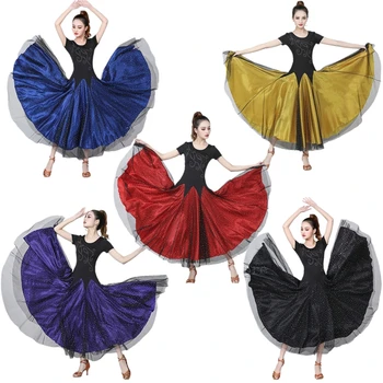 

Women Dance Costume Flamenco Dress 5Colors Gauze Sequins Skirts 360Dsgree Spanish Big Swing Ballroom Dance Competition Dresses