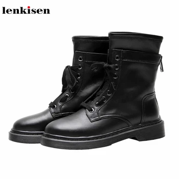 

Lenkisen motorcycle boots back zipper genuine leather round toe med heels casual winter lace up keep warm women ankle boots L13