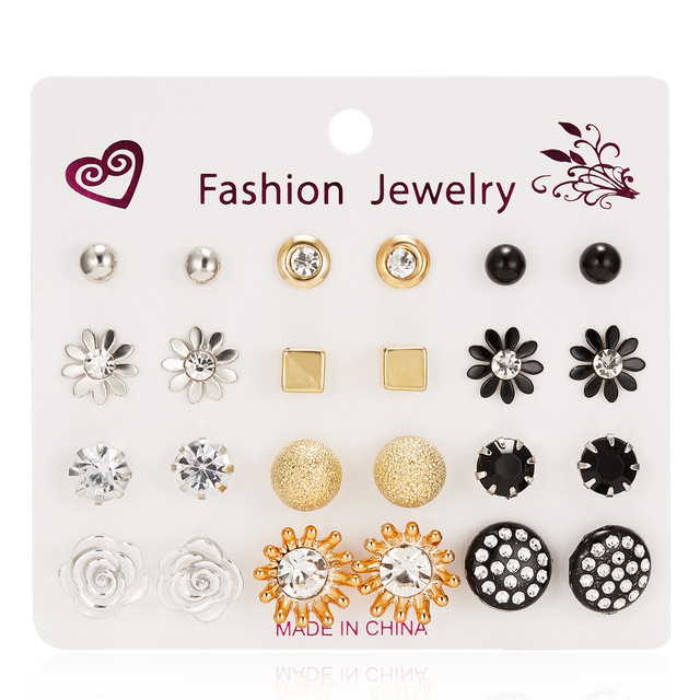 Pairs Stud Earrings Set for Women Statement Heart Star Snowflake Flower Crystal Pearl One Week Minimalist Set of Earrings Gift