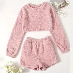Winter Warm Pajamas Suit Women'S Solid Long Sleeve O-Neck Pullover Pajama Sets Leisure Tops + Shorts Set Pyjamas Women пижама