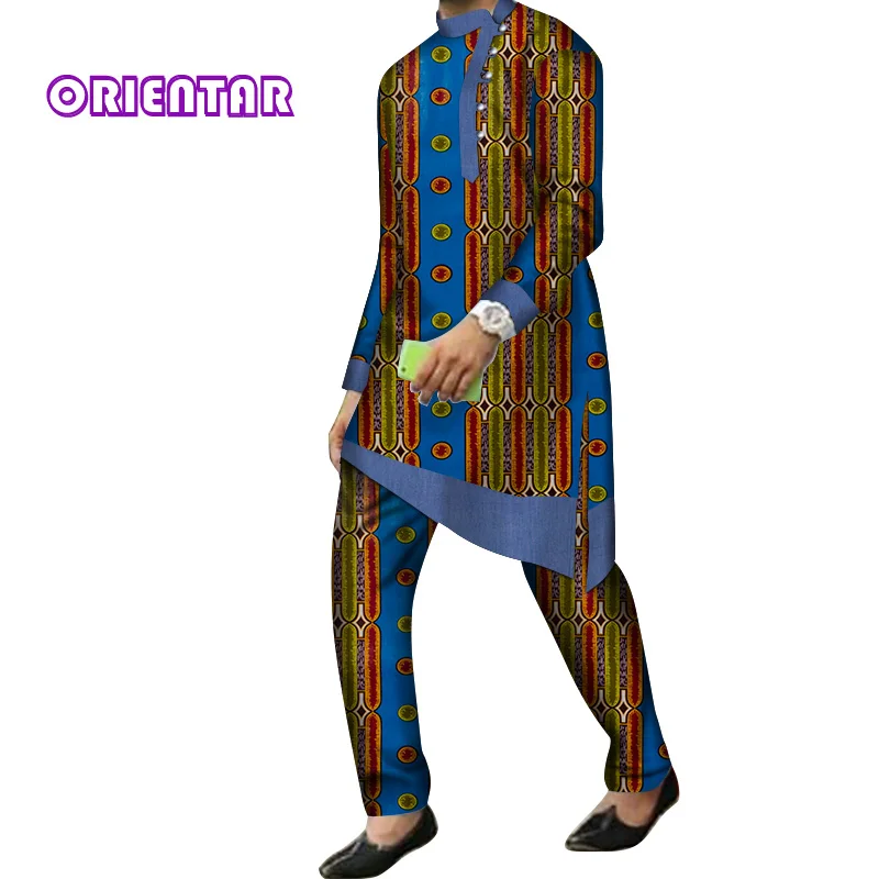 2 Pieces Set Men African Clothes Long Sleeve Shirt and Pants Traditional African Bazin Riche Print Dashiki Suit Trousers WYN844