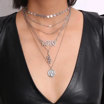 

Boho Multilayer Vintage Snake Love Letter Coin Pendant Choker Necklace For Women Heart Tassel Long Chain Jewelry 2676