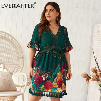 

EVERAFTER Plus Size Floral Print Ruffle Tassel Midi Dress Women Summer Hollow-out V-neck High Waist Holiday Ladies Boho Dresses