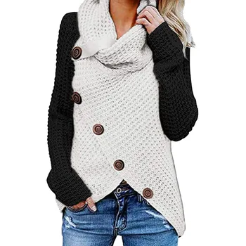 

Women Sweater Casual Woolen Yarn Home Soft Long Sleeve Turtleneck Winter Knitted Daily Patchwork With Buttons Irregular Warm