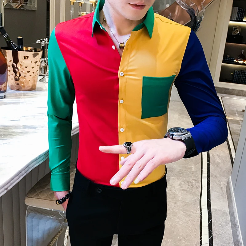 

Hot Sale Multi Color Spliced Shirts Men Fashion 2019 Autumn Men Shirt Long Sleeve Front Pocket Decor Slim Fit Tuxedo Shirt Dress