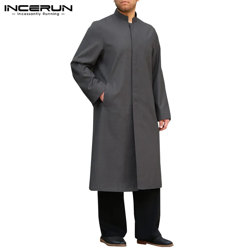 INCERUN, Мужская модная Однотонная рубашка с длинным рукавом, куртки, Повседневная мусульманская одежда на пуговицах, мужская длинная блуза, juba thebe, уличная одежда