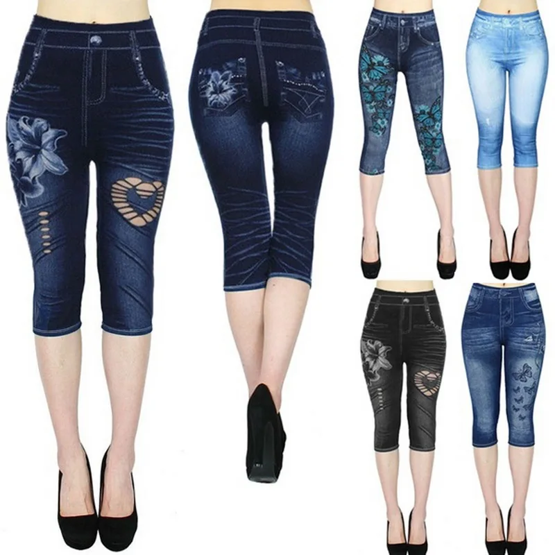 

2019 Women's Leggings Jeans high Waist Printed Outwears casual half length Printed Stretch CapriPants Autumn hot fitness trouser