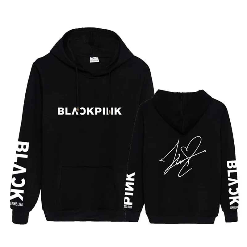  KPOP Blackpink JISOO JENNIE ROSE LISA Signature Black Pink Hooded Sweatshirt Long Sleeve Tops Pullo