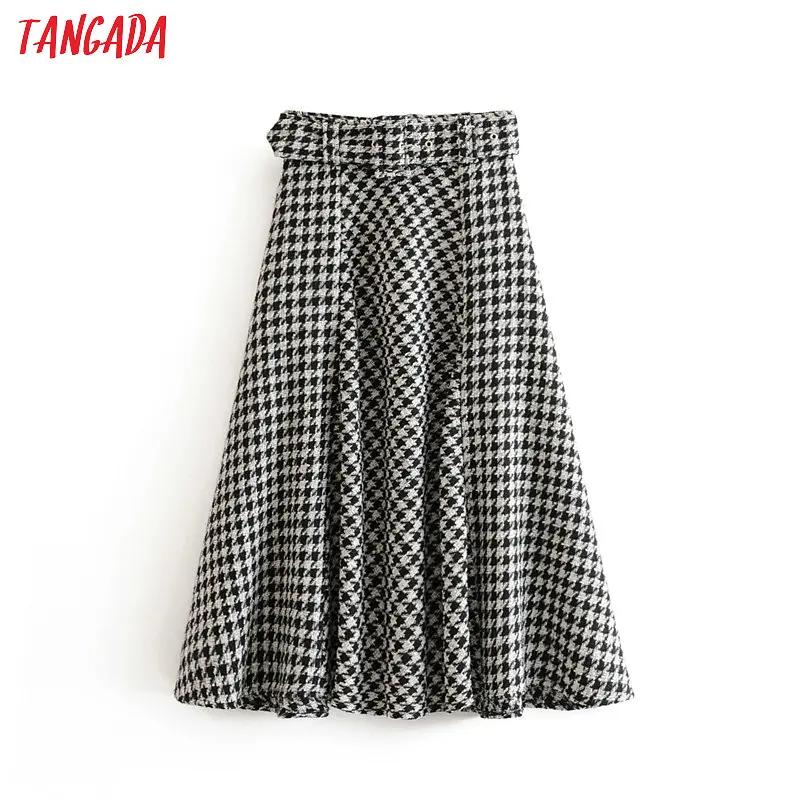 

Tangada female plaid midi skirt with belt winter elegant office ladies fashion thick A line skirts for women faldas mujer SW05