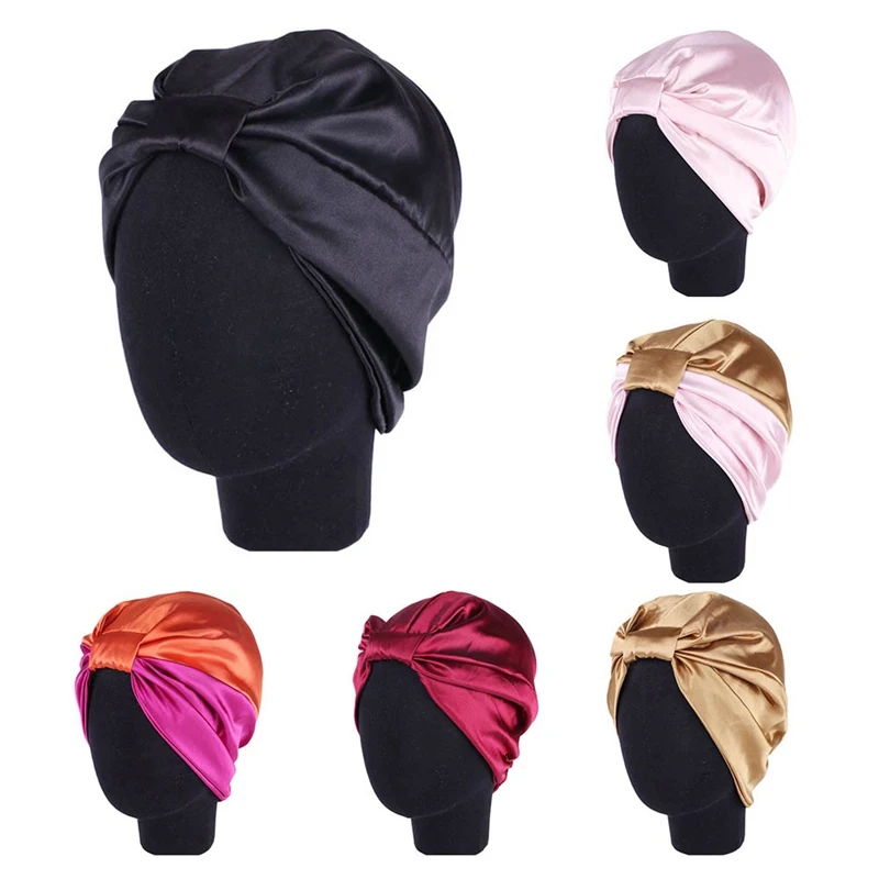 

Women Elastic Silky Satin Solid Turban Fashion Sleep Cap Chemo Hat Beanie Cap Head Wrap Ladies Hair Accessories