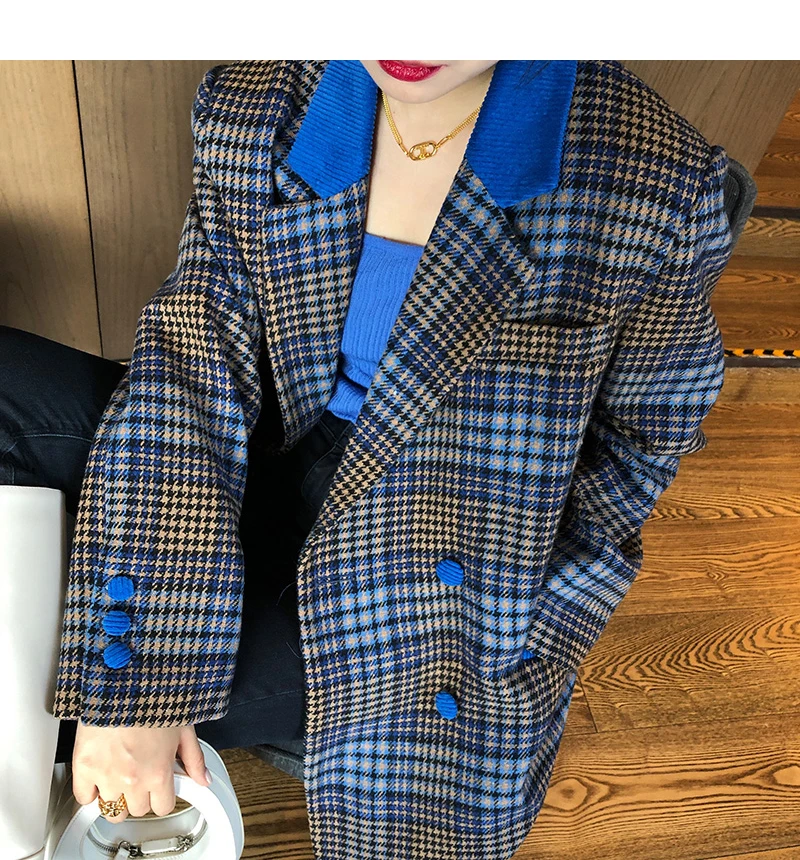 Blazers feminino azul xadrez casacos novo 2021