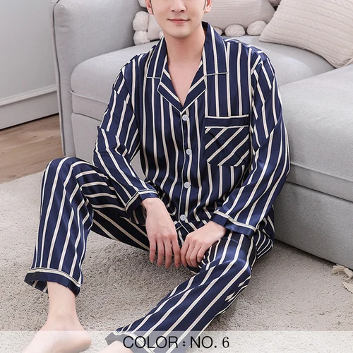 남성용 새틴 잠옷 세트, 긴팔 스트라이프 프린트 잠옷 속옷, 캐주얼 용수철, 가을, 겨울, SA0706 3
