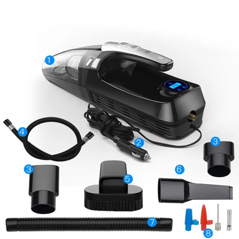 12V 120W 4000mPA Car Portable Wet/Dry Auto Vacuum Cleaner with Smart Digital Tire Inflator Pump Pressure Gauge LED Light