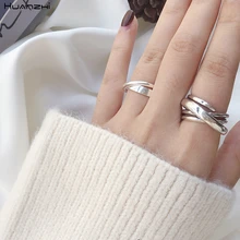 HUANZHI винтажный геометрический разнослойный скрученный полый посеребренный металлический открытый кольца для женщин Девушка Вечерние ювелирные изделия