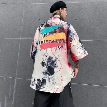 

UNCLEDONJM Graffiti men shirt Origional Popular Brand Ins Loose Hip Hop Short-Sleeved Shirt Men's Couple Casual Shirts SK-801