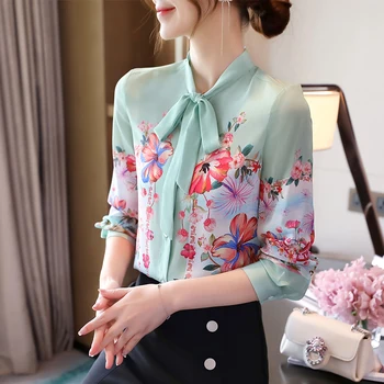 

COIGARSAM Floral Shirt Womens tops New Spring Bow Belt Women shirts 0287
