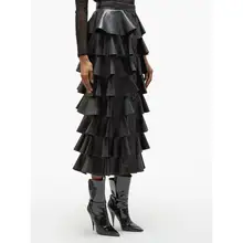 Женская юбка из искусственной кожи с высокой талией, ремень с пряжкой, длина до середины икры, многоярусная юбка, черные, коричневые Лоскутные юбки G05