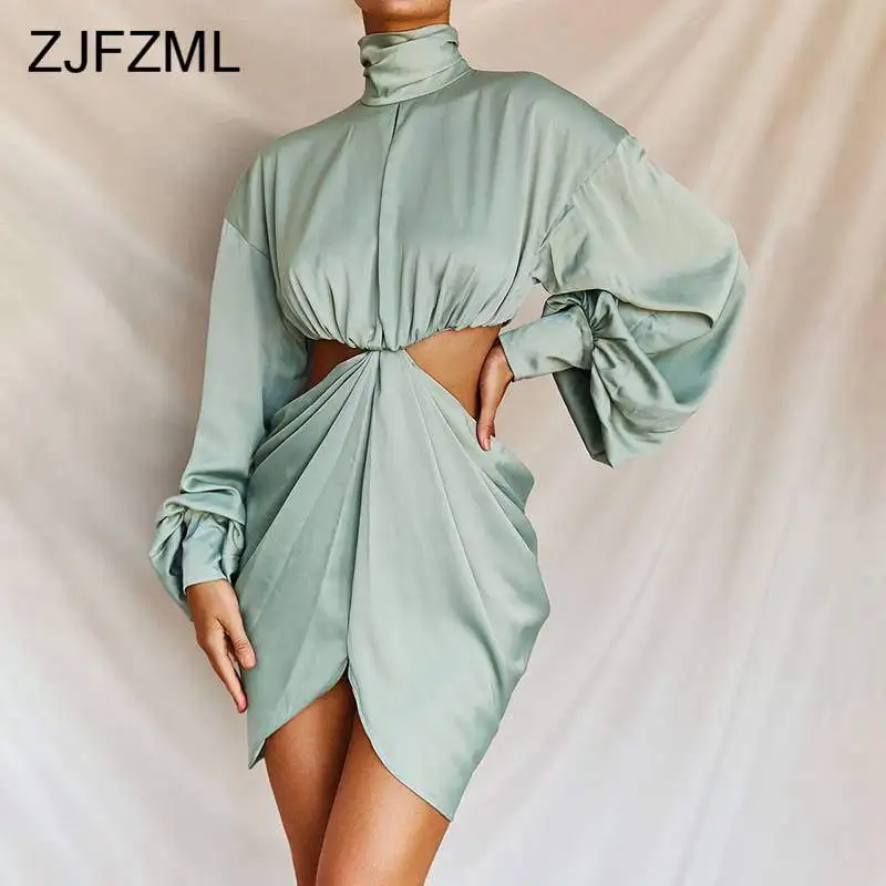 

Solid Button Turtleneck Puff Sleeve Mini Dress Sexy Backless Waist Band Cut Out Zipper Wrap Dress Fashion Slit Women's Dress
