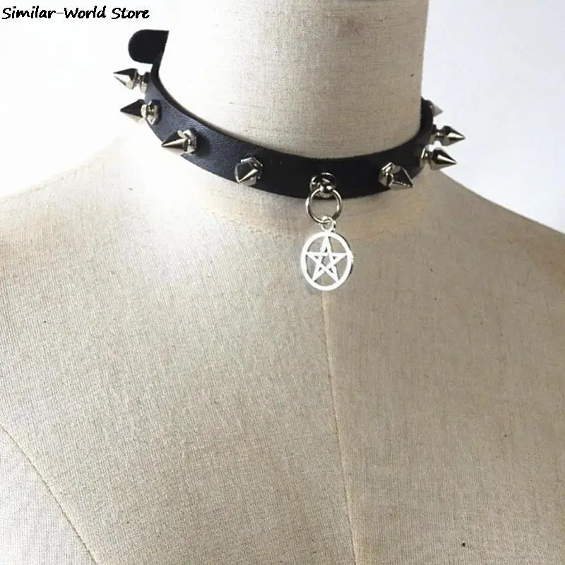 Gothic Leather Pentagram Choker Pagan Wicca Spiked Choker 