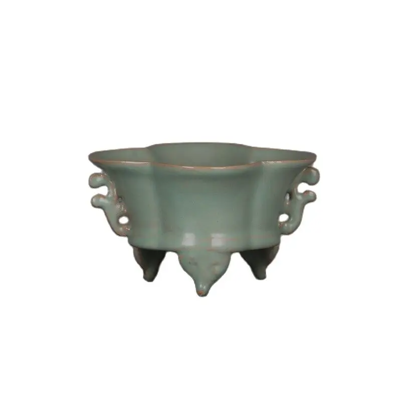 

Early collection porcelain Song Ru kiln green glaze flower mouth three-legged incense burner home collection porcelain