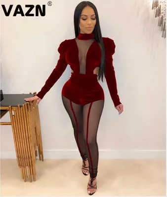 VAZN Hot Suede Lace Patchwork Hollow Out Open See Through Sexy Club Solid Women High Waist Elastic Long Pencil Jumpsuits