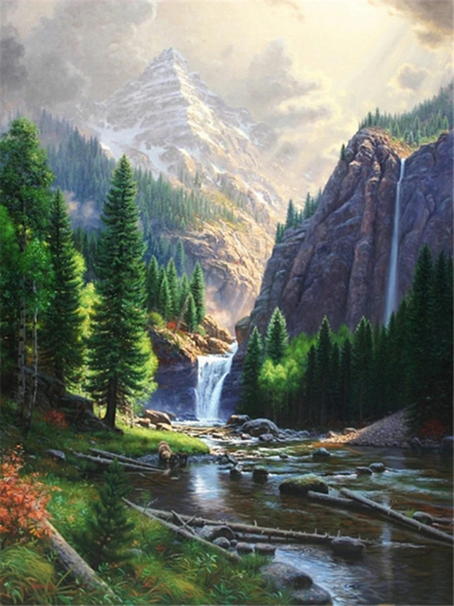 thumbnail image 1 of Pintura personalizada por números DIY, paisaje de montaña y cascada, pintura acrílica sobre lienzo para decoración del hogar, 40 x 50 cm, 1 of 5
