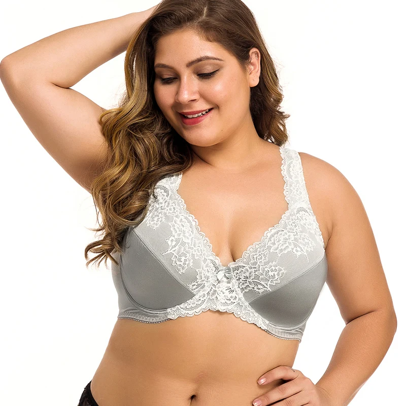 

TELIMUSSTO Gray Lace Perspective Bra Women Sexy Lingerie Embroidery Floral Bralette Plus Size DDD F G H 36 38 40 42 44 46 48 50